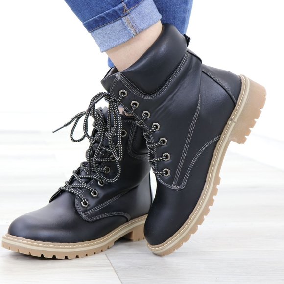 Forever Shoes - Woman's Faux Leather Lug-Sole Combat Ankle Boots